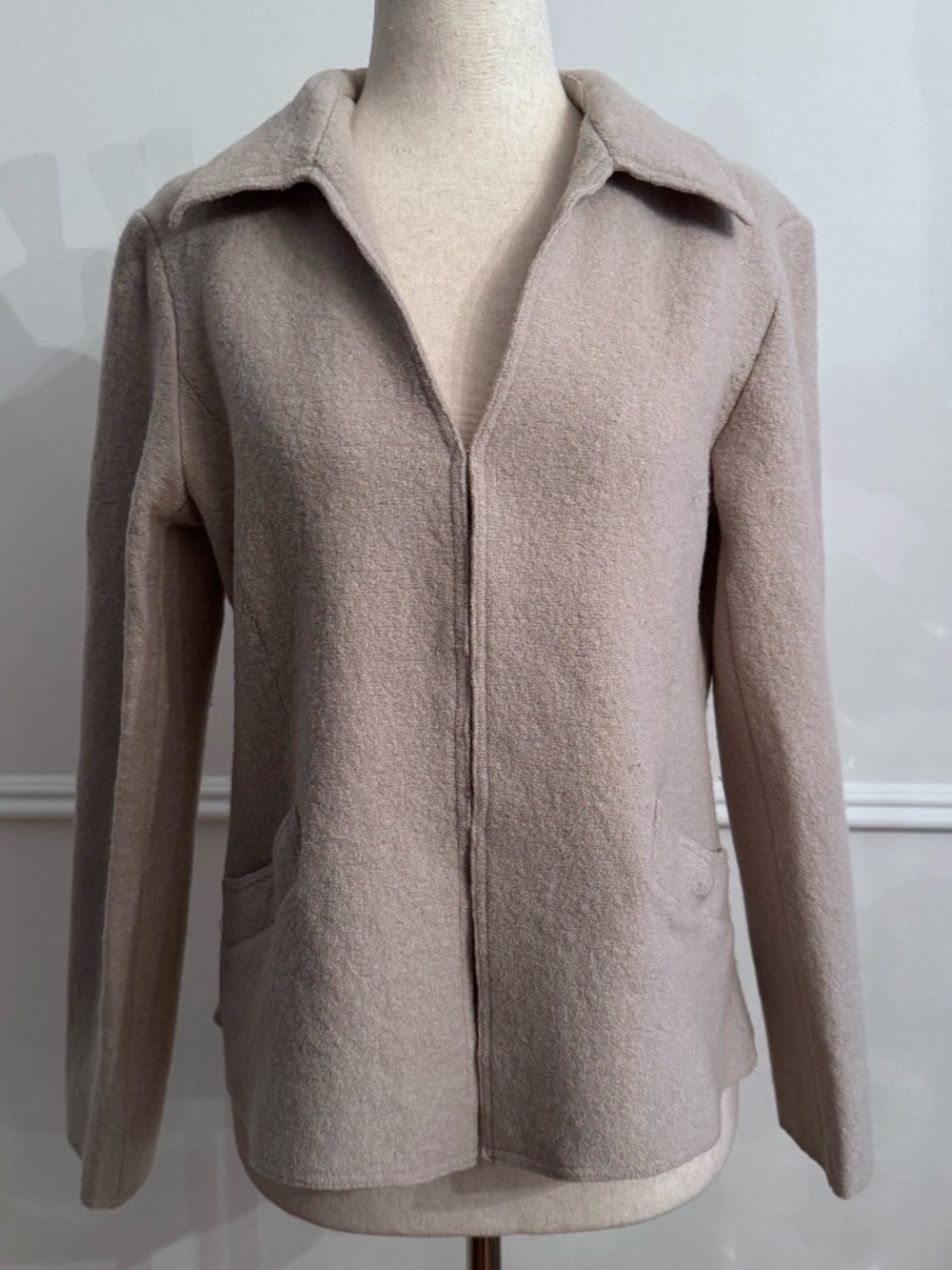 Lafayette 148 Taupe Boiled Wool Jacket Collared Hidden Placket Pockets Size 10